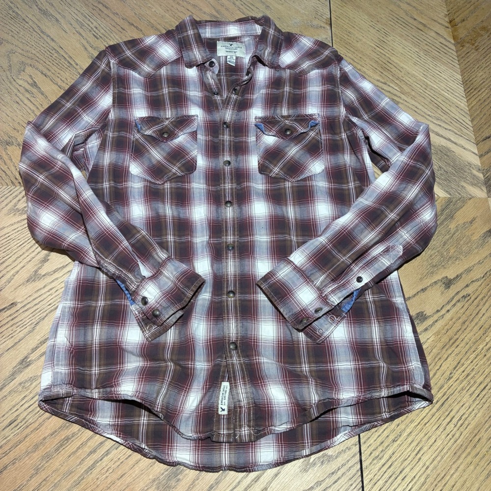 American Eagle Mens Seriously Soft Plaid Flannel Western Snap Shirt Maroon LT